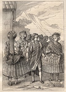 Expedición alrededor del mundo (1785-1788) por Jean Francois Galaup de La Perouse (1741-1788): trajes de los habitantes de la Concepción (Chile) - ilustración tomada de “The Great Mariners of the 18th century” de Unknown artist