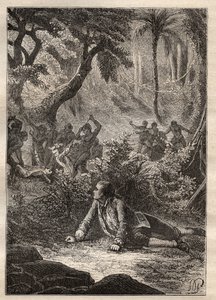 Expedición de Nicolas Thomas Marion-Dufresne (Marion Dufresne) (1729-1772): el único marinero sobreviviente presencia la masacre de todos sus compañeros, incluido Marion, por los nativos de la Bahía de los Asesinos (Isla Matuaro, Nueva Zelanda) - ilustraci de Unknown artist