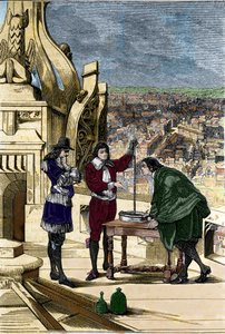 Experimento de Blaise Pascal con un barómetro de mercurio en la cima de la Torre Saint Jacques la Boucherie en París.