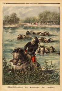 Experiencia de paso de río por el 7º regimiento de dragones en Fontainebleau. Grabado en "Le petit journal" 6/09/1896. Colección Selva