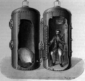 Experiencia sobre la presión barométrica por el fisiólogo Paul Bert (1833-1886): respiración de un aire sobreoxigenado, dilatado al disminuir la presión. Grabado en "La Nature: revue des sciences et de leurs aplicaciones aux arts et a l