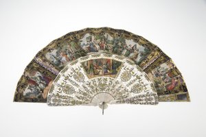 Abanico, c.1860, Papel impreso y pintado, nácar, metales de oro, plata y cobre, y espejo, Fabricante desconocido de Unknown artist