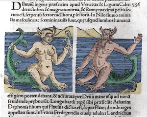 Criaturas fantásticas: Un tritón y una sirena vistas en el Nilo. Grabado de “El libro de los prodigios” (Prodigiorum ac ostentorum Chronicon Basileae) de Wolfhart (Conrad Lycosthene) 1557