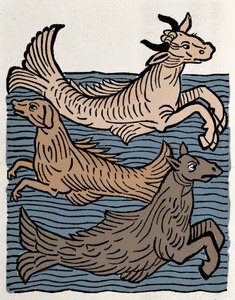 Criaturas fantásticas: representación de una vaca, un perro y un caballito de mar. Grabado de “Hortus sanitatis” de Unknown artist