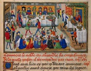 Escena de banquete festivo, servido para el Rey Alejandro y sus cortesanos en los últimos días de su vida. Miniatura tomada de 