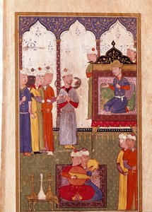 Fiesta organizada por el Sultán con encantador de serpientes y músicos miniatura de un manuscrito del siglo XVI. Venecia, Biblioteca Marciana