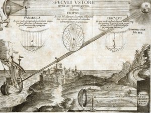 Espejos ardientes explicados por Kircher incluyendo el de Arquímedes - Grabado del siglo XVII de Unknown artist