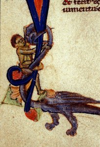Lucha entre un dragón y un hombre (detalle) de una miniatura del siglo XIV