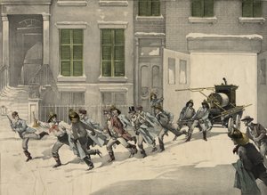 Bomberos saliendo a llamadas de emergencia en el sitio del incendio, acuarela de 1895. EE.UU. de Unknown artist