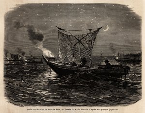 Pesca con fuego en la bahía de Yedo (o Edo, actual Tokio), durante la noche, cada barco lleva una especie de parrilla en la parte delantera que ilumina, la luz atrae a los peces que son capturados con una gran red. Grabado para ilustrar Japón, historia de  de Unknown artist