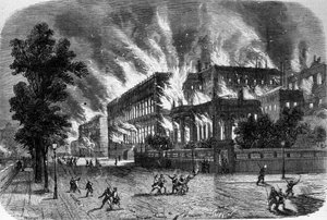 Incendio del Tribunal de Cuentas y la Legión de Honor el 23 de marzo de 1871 durante la Comuna en París. Grabado del siglo XIX de Unknown artist