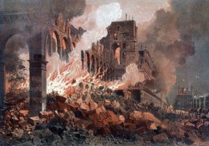 Incendio del Ministerio de Finanzas (en ese momento en las Tullerías) el 24 de mayo de 1871 - litografía, finales del siglo XIX
