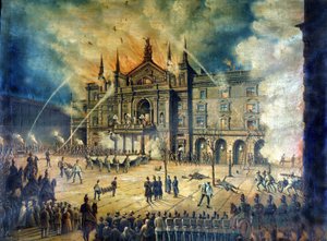 Incendio de la Ópera de Viena Wiener Ringtheater en 1881. Dibujo del siglo XIX.