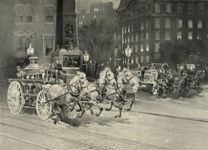 Vehículo de bomberos tirado por caballos llegando al sitio del incendio. EE.UU. 1895 de Unknown artist