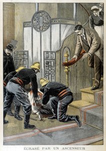 Bomberos rescatando a un hombre aplastado por un ascensor en un edificio parisino. Ilustración del "Pequeño Diario" de 1899 de Unknown artist