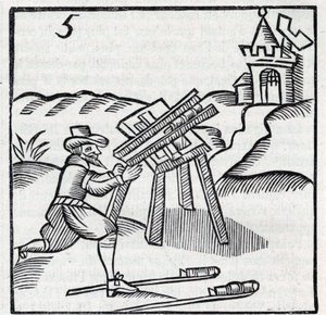 Fuegos artificiales: Artesano lanzando palillos. Reproducción de los grabados de la obra del jesuita francés Jean Leurechon “La recreación matemática, o Entrevista jocosa sobre varios problemas placenteros, en aritmética, geometría. de Unknown artist