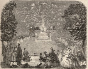 Fuegos artificiales e iluminación del castillo de Maison Laffitte en la noche del concurso del comité agrícola. Grabado en “Le Monde illustré” de 1857. Colección privada. de Unknown artist