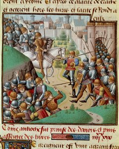 Primera Cruzada: “La Conquista de Antioquía”. Batalla librada bajo los muros de Antioquía entre los cruzados de Bohemundo y el ejército de Karbouka, general del Sultán de Persia en junio de 1098. Miniatura en “Le miroir historial” (Speculum Historiale) de Unknown artist