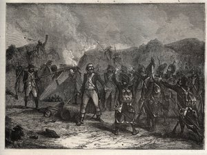 Primera coalición: Coronel Antoine Guillaume Rampon (1759-1842) en la Batalla de Montenotte el 12 de abril de 1796, durante la campaña italiana que enfrentó a las tropas francesas de Napoleón Bonaparte contra los ejércitos austriaco y sardo - Tropas france de Unknown artist