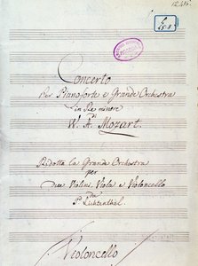 Primera página de la partitura del Concierto para piano y gran orquesta en re menor de Mozart, versión Lichtenthal (siglo XIX)