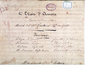 Primera página de la partitura de El elixir de amor, ópera de Gaetano Donizetti