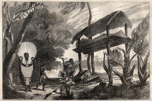 Primer viaje (1768-1771) del Capitán James Cook (1728-1779): un fia-toka (fia toka), edificio funerario de Tahití - ilustración tomada de “Los Grandes Marineros del siglo XVIII”