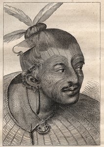 Primer viaje (1768-1771) del Capitán James Cook (1728-1779): cabeza tatuada de un neozelandés - ilustración tomada de "Los Grandes Navegantes del siglo XVIII" de Unknown artist