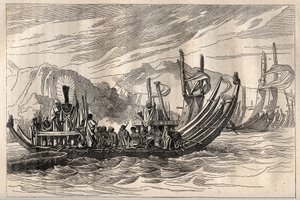 Primer viaje (1768-1771) del Capitán James Cook (1728-1779): la flota de Tahití reunida en Oparee - ilustración tomada de 