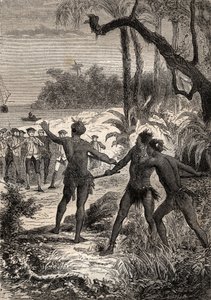 Primer viaje (1768-1771) del Capitán James Cook (1728-1779): mientras Cook y diez marineros navegan por la costa meridional de Nueva Guinea, tres indios salieron del bosque con grandes gritos - ilustración tomada de "Los Grandes Navegantes del siglo XVIII"