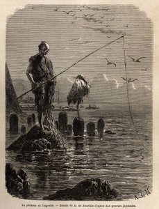 Pescador de la Bahía de Yedo (o Edo, actual Tokio), atrapado por un águila, una marea baja, los barcos colocan a los pescadores sobre bloques de piedra colocados en seco en la bahía, estos permanecen rectos, inmóviles y pescan con el anzuelo del pez que de