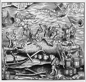 Pesca y caza de ballenas, basado en un grabado en madera de la “Cosmografía Universal” de Thevet. París 1575