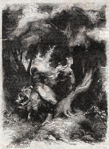 Vuelo de Angélica durante la batalla - grabado de 1851 de "Orlando furioso" (siglo XVI) de Ludovico Ariosto, conocido como el Ariosta - Edición traducida del italiano por el Conde de Tressan y publicada por Gustave Harvard de Unknown artist
