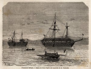Penitenciarios flotantes de la Guayana Francesa, una colonia dedicada a la cautividad de aquellos que tomaron los tribunales y los hombres que tuvieron que quedarse. Grabado para ilustrar el viaje a la Guayana Francesa en 1862-1863, por Frederic Bouyer, ca de Unknown artist