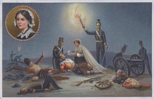 Florence Nightingale asistiendo a los heridos y moribundos en el campo de batalla durante la Guerra de Crimea