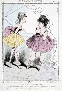 Seguimientos y fósforos: "Sabes, querida, cuidado, el impuesto sobre fósforos pasará. ¡No lo ocultarás también, el impuesto sobre seguimientos que pasará al mismo tiempo!" - caricatura sobre los "nuevos impuestos"