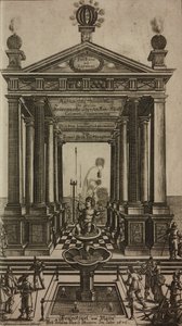 Fuente con querubín y templo, grabado, frontispicio de Grand Art d
