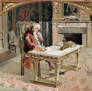 Francois-Marie (Francois Marie) Arouet de Voltaire conocido como Voltaire (1694-1778), a los 23 años en el castillo de Sully-sur-Loire (Sully sur Loire). Cromolitografía de finales del siglo XIX de Unknown artist