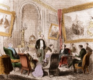 François René de Chateaubriand (1768-1848), escritor y político francés, leyendo las “Memorias de Ultratumba” en el salón de Madame Recamier en Abbey-au-Bois, rue de Sevres, París - Grabado de Unknown artist