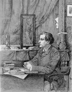 François Coppée (1842-1908), poeta y dramaturgo francés. Dibujo de M.F. Desmoulins. 1885