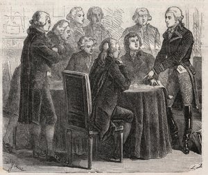 Revolución Francesa: el Conde Louis Marie de Narbonne-Lara (1755-1813) mostrando sus planes en los comités de la asamblea - Grabado en “El Mundo Ilustre” de Unknown artist