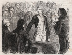 Revolución Francesa: El General Gilbert du Motier de La Fayette (1757-1834) renunciando al mando de la Guardia Nacional - Grabado en "Le Monde Illustré" de Unknown artist
