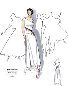 Moda francesa, diseño de vestido de noche de crepé.