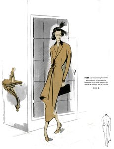 Moda francesa, diseño de vestido de abrigo avellana.
