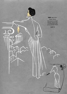 Moda francesa, diseño de vestido de crepé blanco.