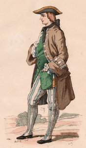 Caballero francés en traje de caza, con abrigo, chaleco y sombrero de tres picos con una daga en su costado durante el siglo XVIII de Unknown