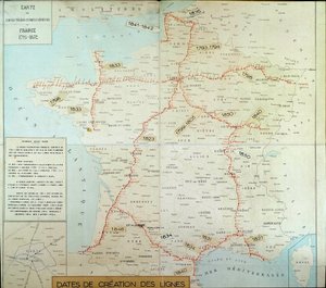 Mapa geográfico francés mostrando líneas telegráficas aéreas. Principios del siglo XIX. París, Museo de la Poste
