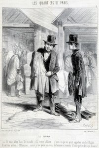 Fripier del distrito del templo en París tratando de vender ropa a un hombre. Grabado del siglo XIX. de Unknown artist