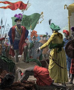 De Vasco de Gama (1469-1524, explorador portugués) a Calicut (actual Kozhikode) en India en 1498. Grabado 1817 de Unknown artist