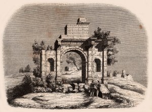 Vista frontal del arco romano de Djemilah en Argelia: dos soldados franceses posando frente a las ruinas de Unknown