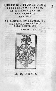Frontispicio de “Historie Fiorentine di Niccolo (di Bernardo dei) Machiavelli